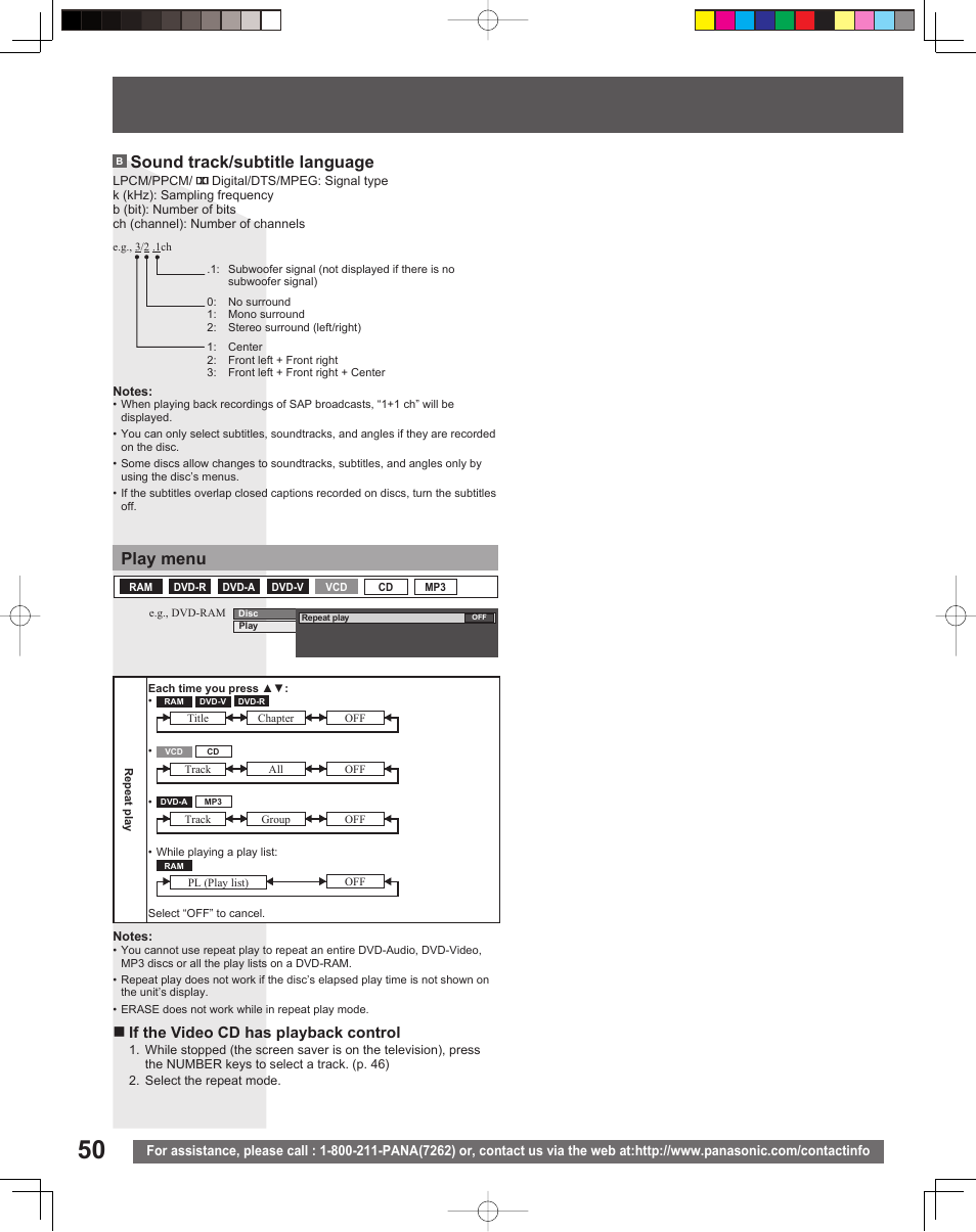 Sound track/subtitle language, Play menu, If the video cd has playback control | Panasonic TC 22LR30 User Manual | Page 50 / 92