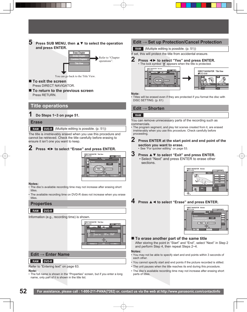 Title operations, Erase, Properties | Edit → enter name, Edit → set up protection/cancel protection, Edit → shorten, Press ◄► to select “erase” and press enter, Press ◄► to select “yes” and press enter, Press ▲◄ to select “erase” and press enter, Do steps 1~3 on page 51 | Panasonic TC 22LR30 User Manual | Page 52 / 92