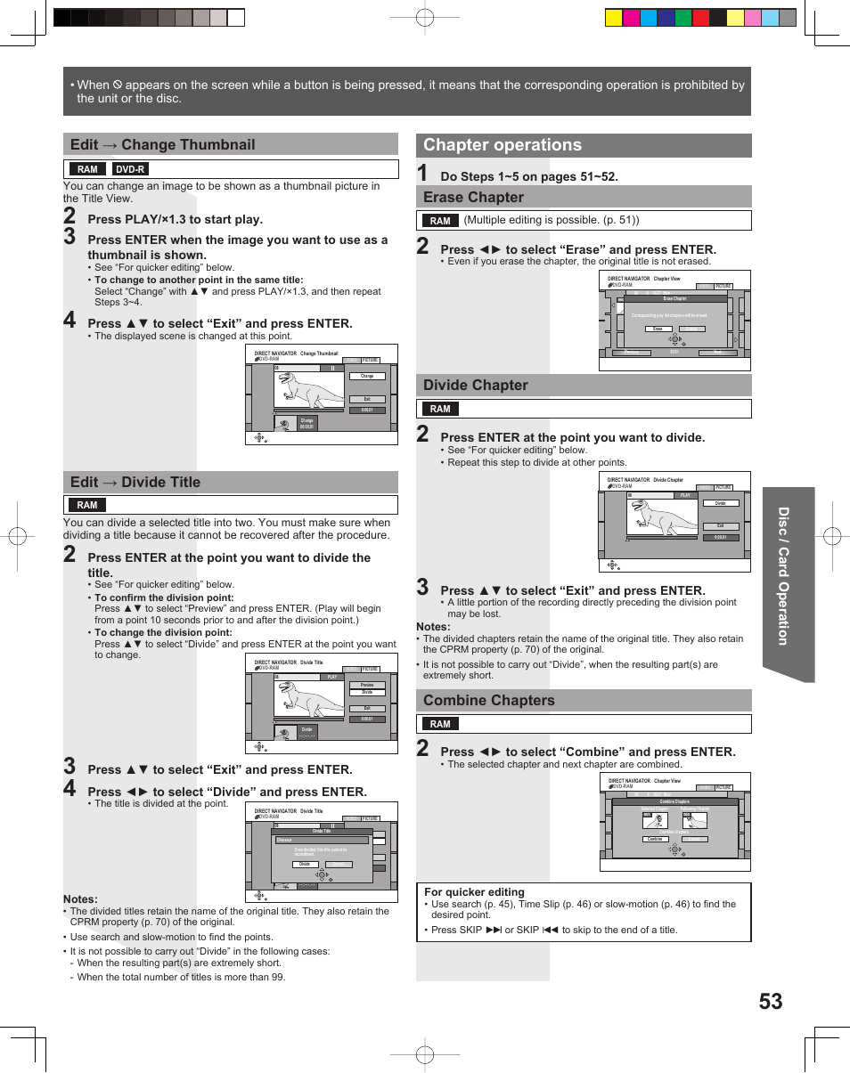 Chapter operations, Edit → change thumbnail, Edit → divide title | Erase chapter, Divide chapter, Combine chapters, Disc / card operation, Press play/×1.3 to start play, Press ▲▼ to select “exit” and press enter, Press ◄► to select “divide” and press enter | Panasonic TC 22LR30 User Manual | Page 53 / 92