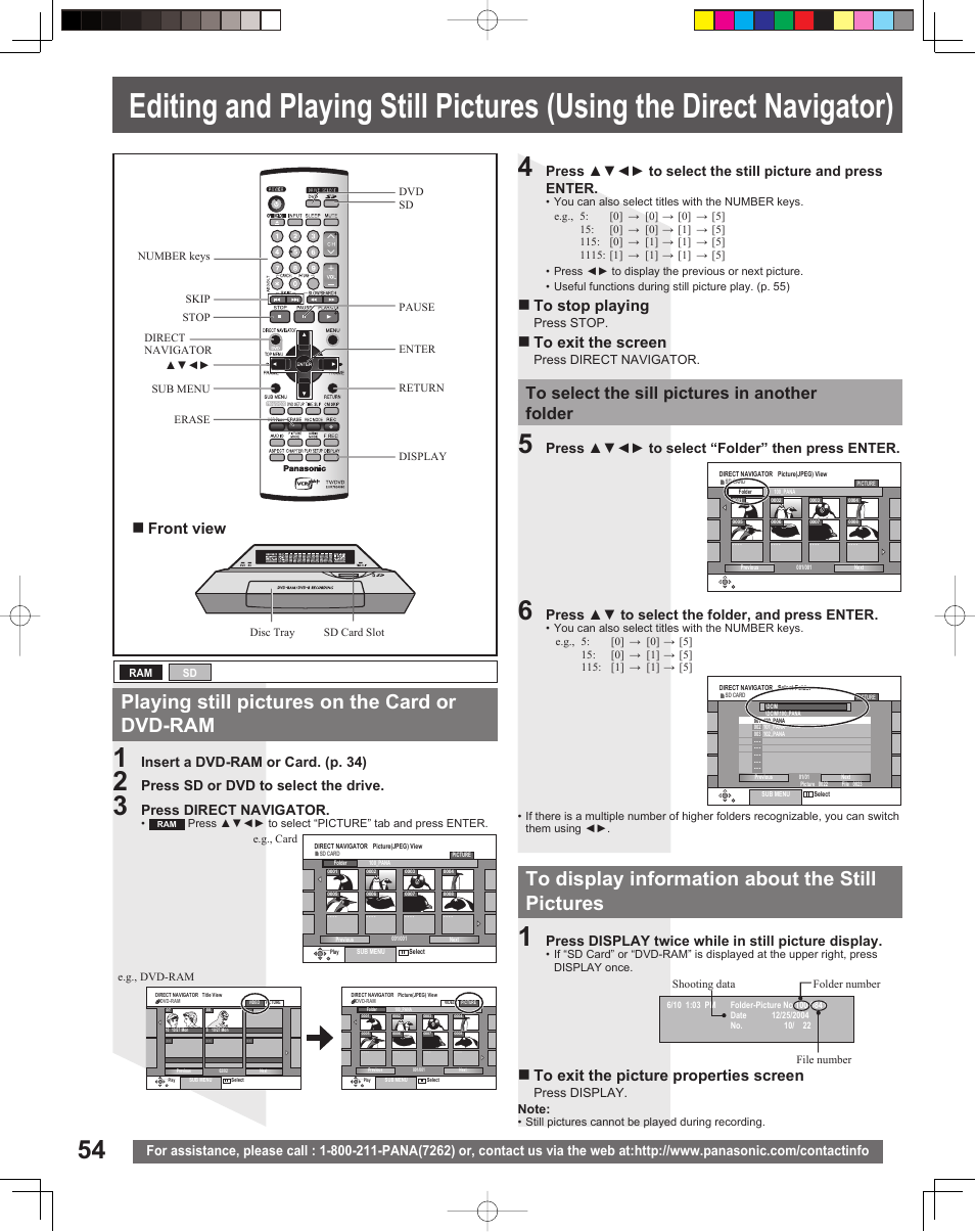 Playing still pictures on the card or dvd-ram, Front view, Insert a dvd-ram or card. (p. 34) | Press sd or dvd to select the drive, Press direct navigator, Press ▲▼◄► to select “folder” then press enter, Press ▲▼ to select the folder, and press enter, Press display twice while in still picture display | Panasonic TC 22LR30 User Manual | Page 54 / 92