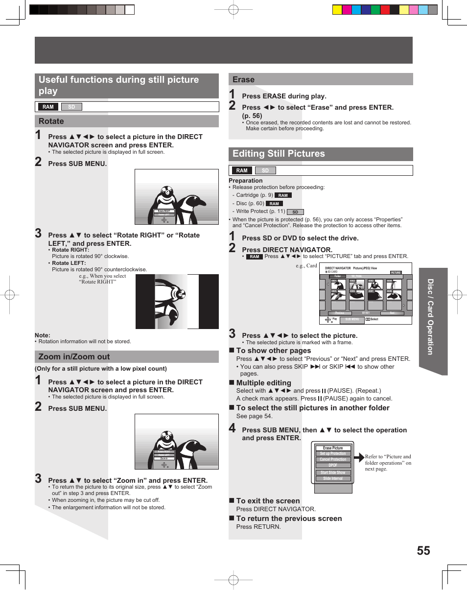 Useful functions during still picture play, Editing still pictures, Rotate | Zoom in/zoom out, Erase | Panasonic TC 22LR30 User Manual | Page 55 / 92