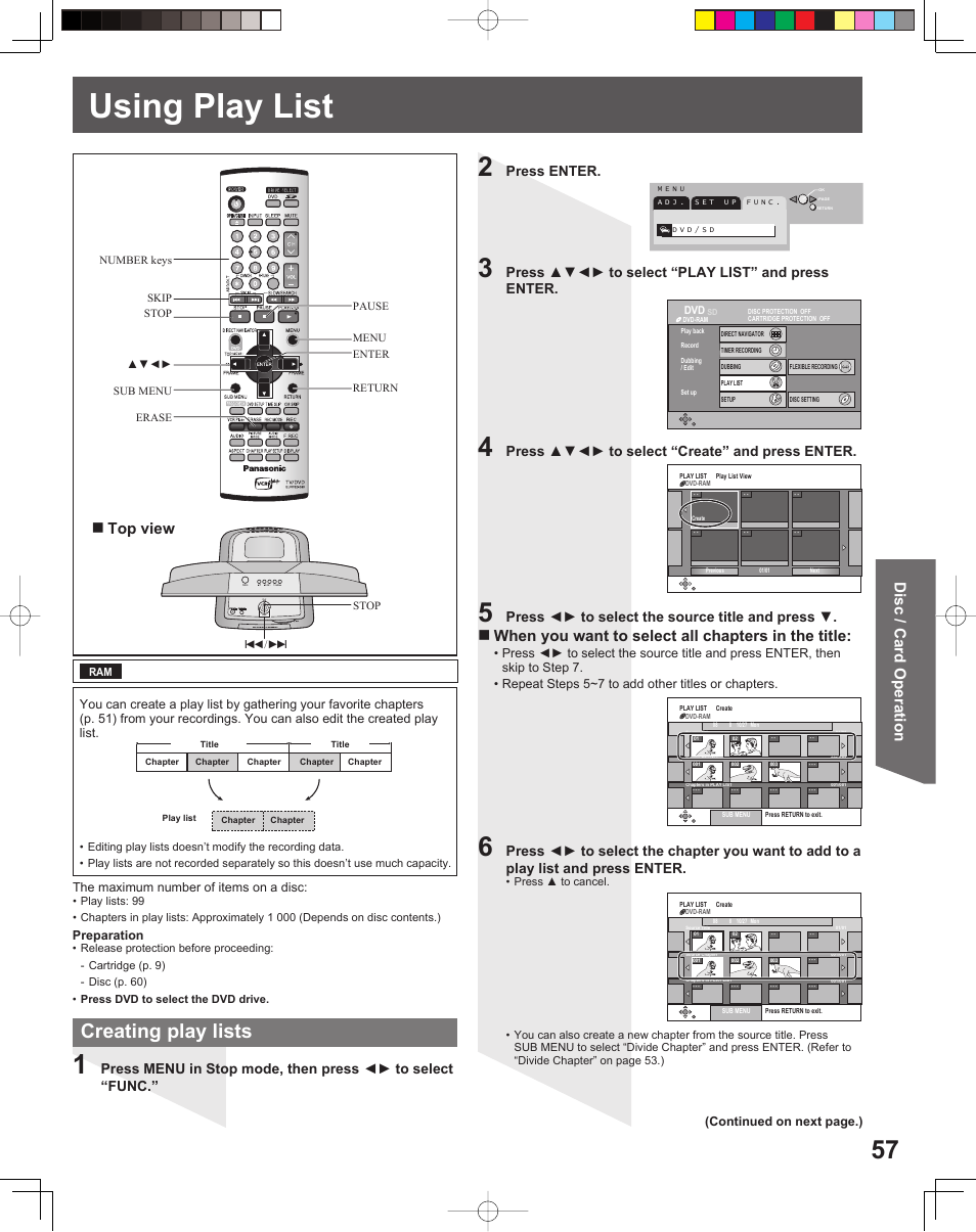 Using play list, Creating play lists, Disc / card operation top view | When you want to select all chapters in the title, Press enter, Press ▲▼◄► to select “play list” and press enter, Press ▲▼◄► to select “create” and press enter, Press ◄► to select the source title and press | Panasonic TC 22LR30 User Manual | Page 57 / 92