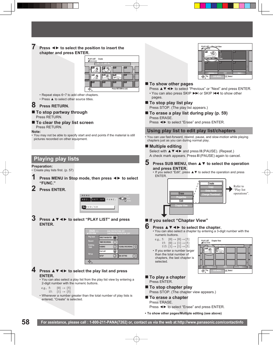 Playing play lists, Using play list to edit play list/chapters, If you select “chapter view | Multiple editing, Press return, Press enter, Press ▲▼◄► to select “play list” and press enter, Press ▲▼◄► to select the play list and press enter, Press ▲▼◄► to select the chapter | Panasonic TC 22LR30 User Manual | Page 58 / 92