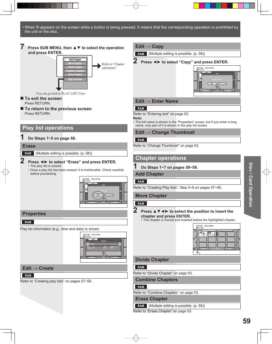 Chapter operations, Play list operations, Erase | Properties, Edit → create, Edit → copy, Edit → enter name, Edit → change thumbnail, Add chapter, Move chapter | Panasonic TC 22LR30 User Manual | Page 59 / 92