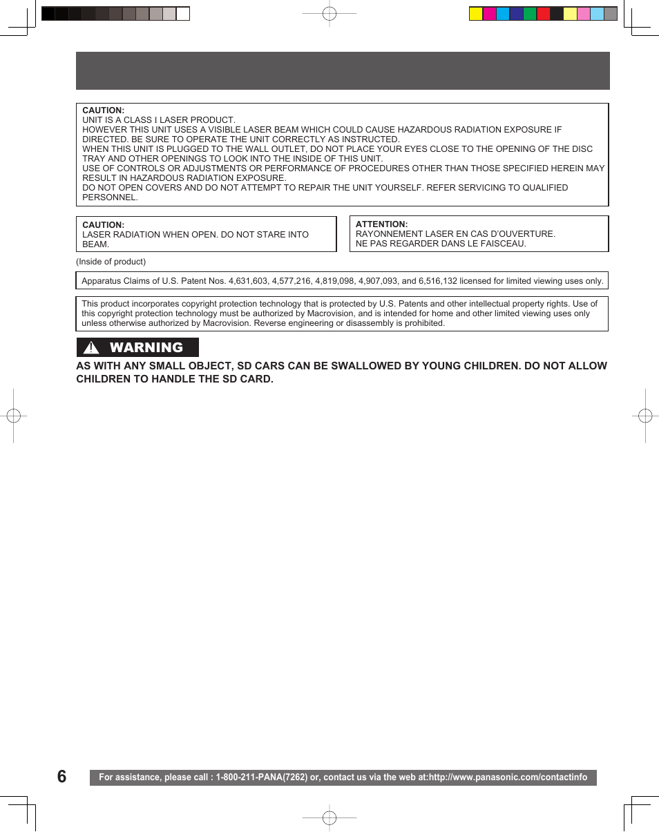 Warning | Panasonic TC 22LR30 User Manual | Page 6 / 92