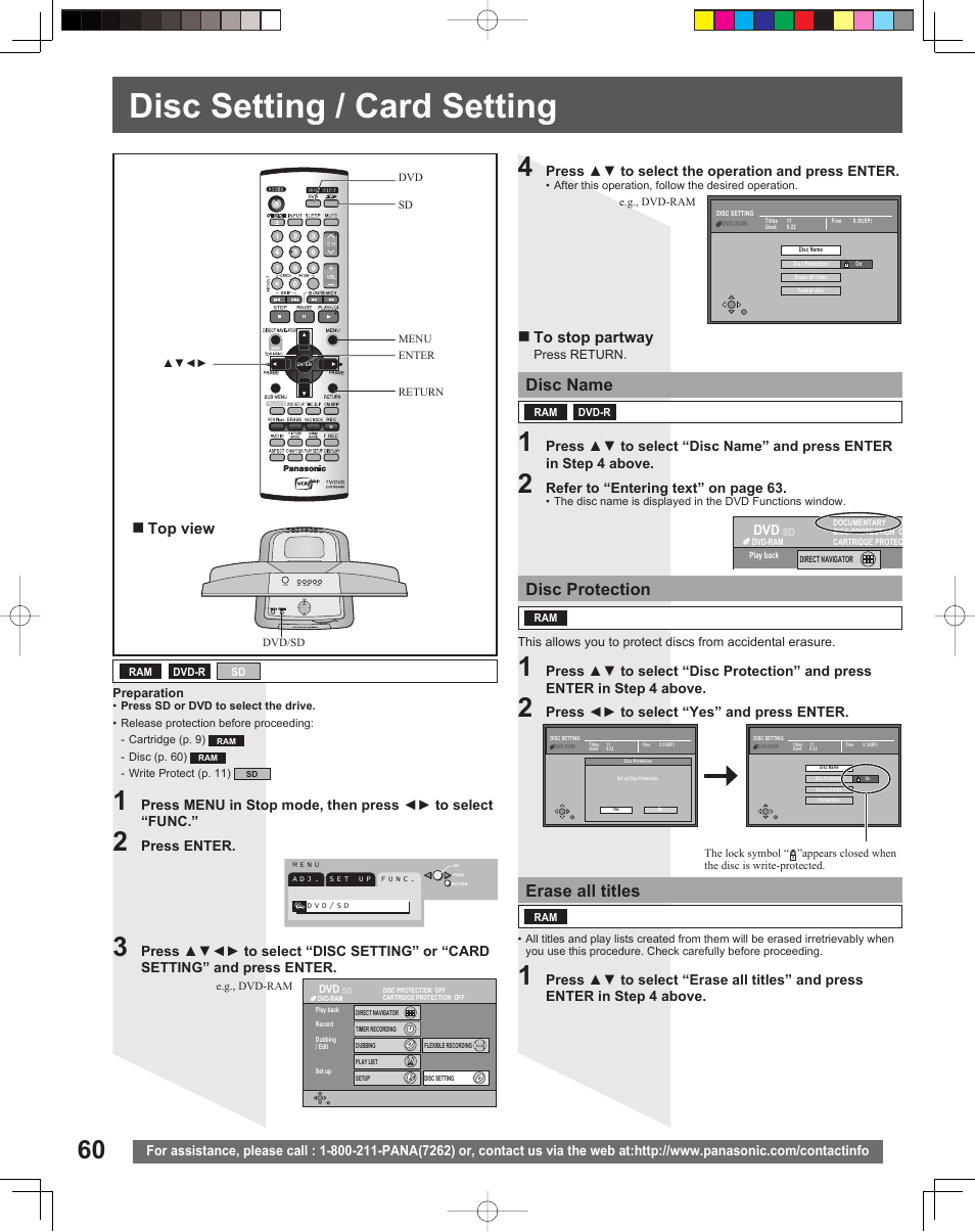 Disc setting / card setting, Disc name, Disc protection | Erase all titles, Top view | Panasonic TC 22LR30 User Manual | Page 60 / 92