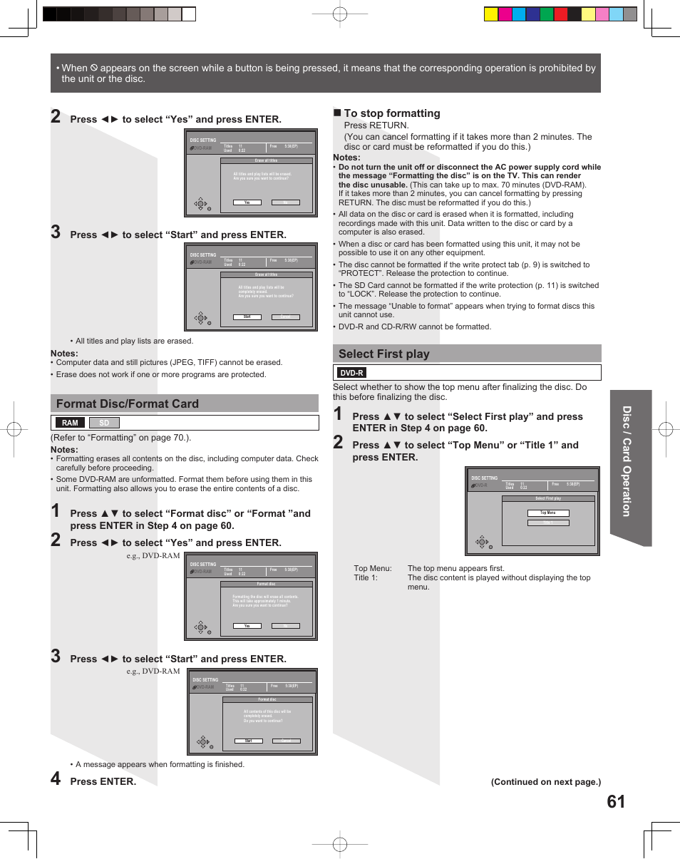 Format disc/format card, Select first play, Disc / card operation | Panasonic TC 22LR30 User Manual | Page 61 / 92