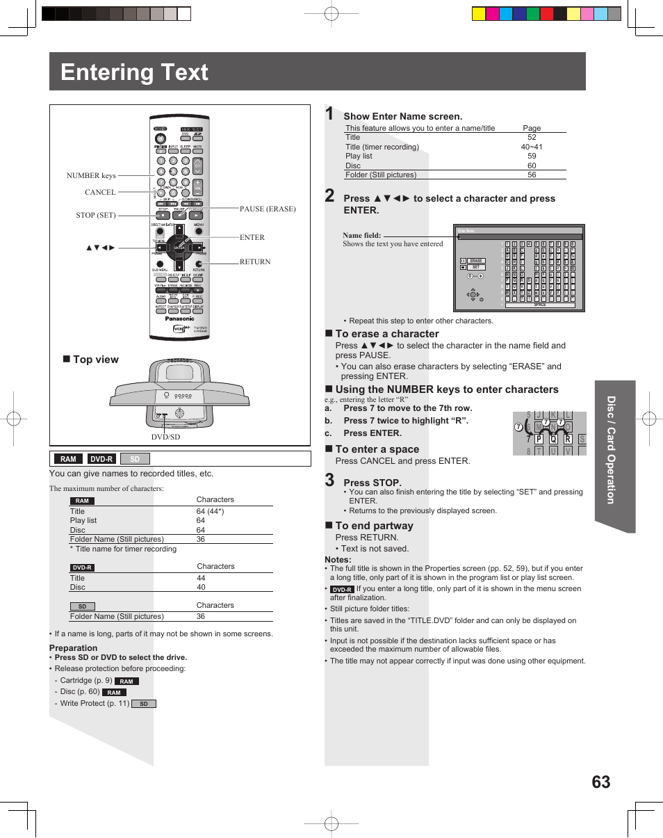 Entering text, Disc / card operation top view, Using the number keys to enter characters | Panasonic TC 22LR30 User Manual | Page 63 / 92