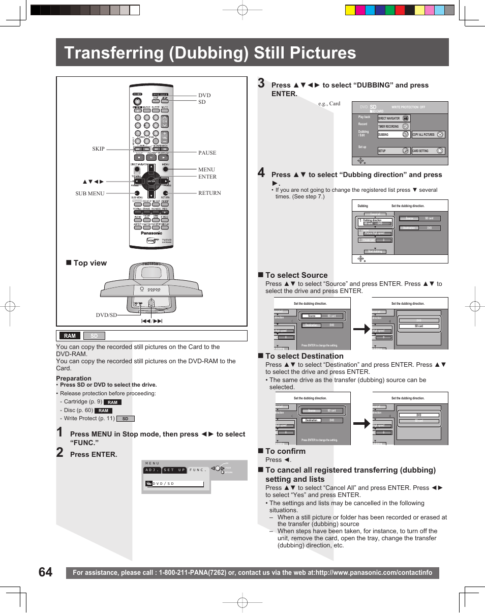 Transferring (dubbing) still pictures, Top view, Press enter | Press ▲▼◄► to select “dubbing” and press enter, Press ▲▼ to select “dubbing direction” and press | Panasonic TC 22LR30 User Manual | Page 64 / 92