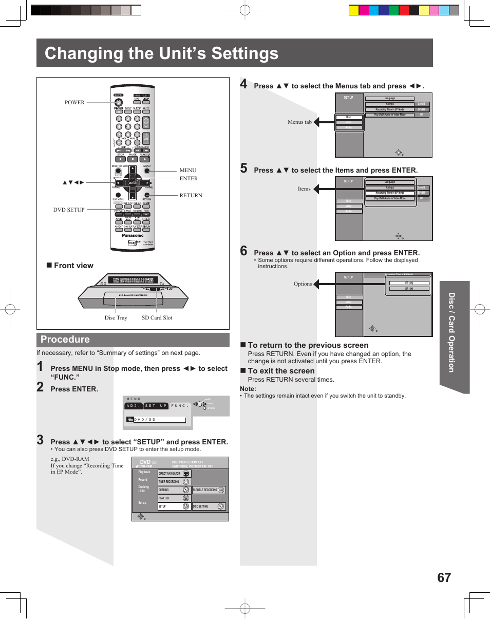 Changing the unit's settings, Changing the unit’s settings, Procedure | Disc / card operation front view | Panasonic TC 22LR30 User Manual | Page 67 / 92