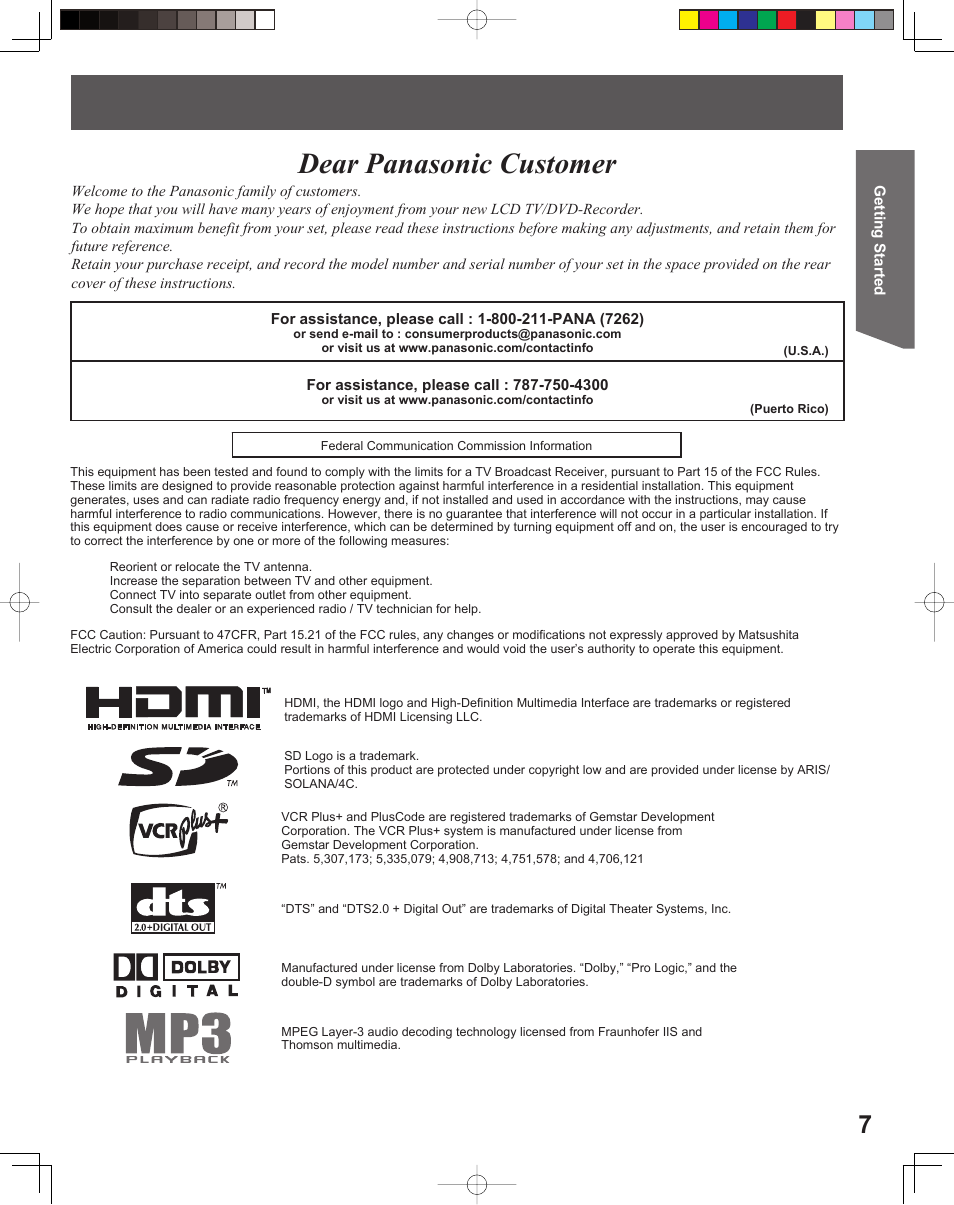 Dear panasonic customer | Panasonic TC 22LR30 User Manual | Page 7 / 92