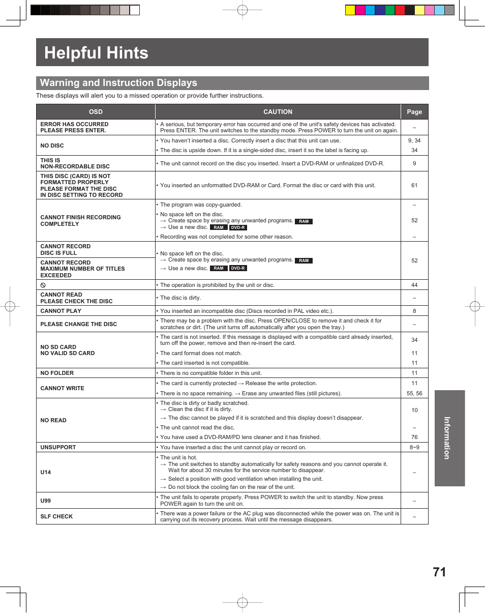 Helpful hints, Warning and instruction displays, Information | Panasonic TC 22LR30 User Manual | Page 71 / 92