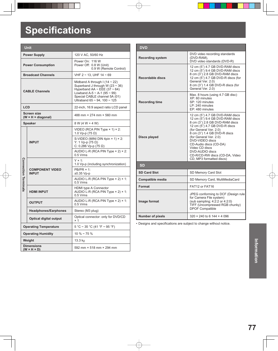 Specifications | Panasonic TC 22LR30 User Manual | Page 77 / 92