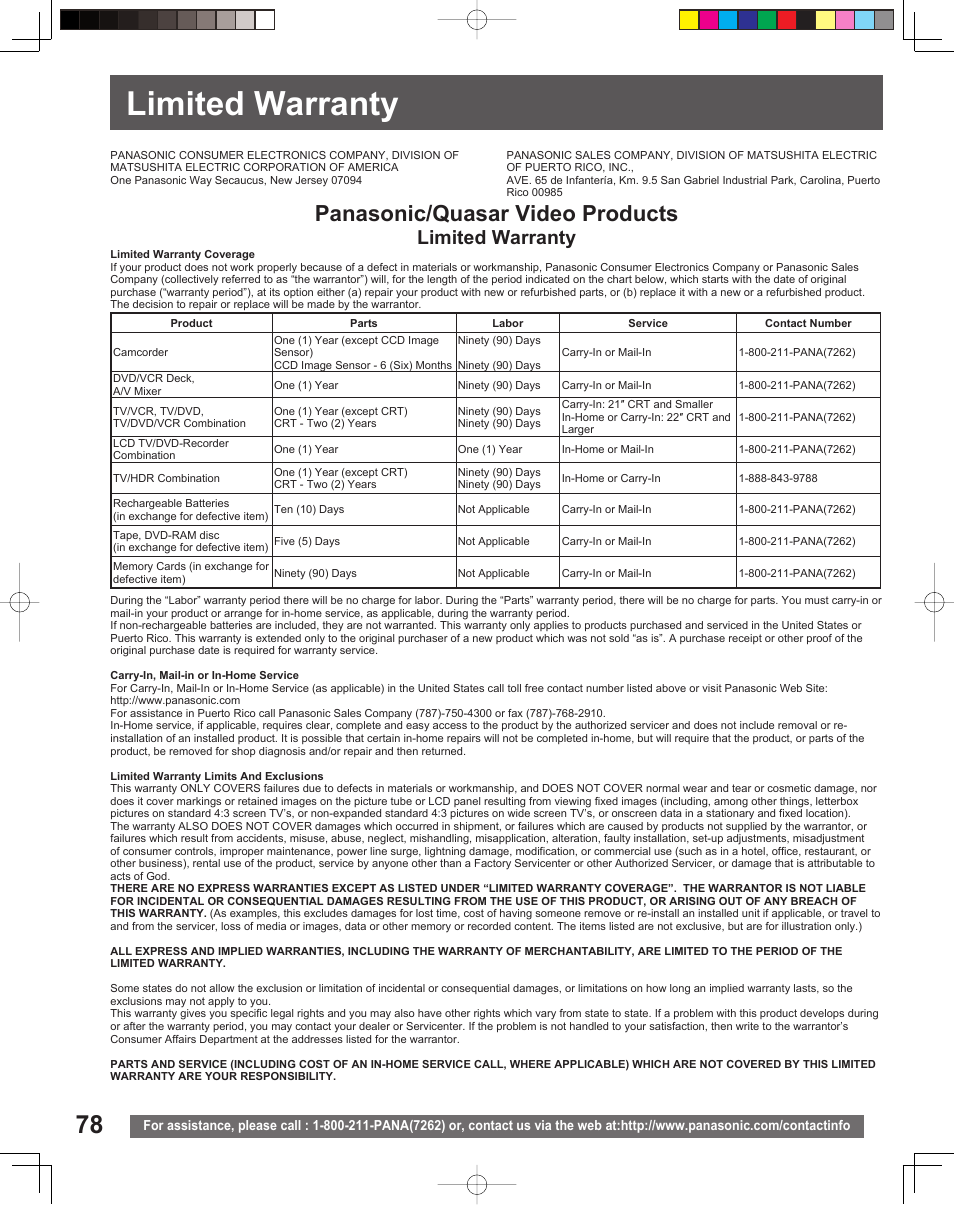 Limited warranty, Panasonic/quasar video products | Panasonic TC 22LR30 User Manual | Page 78 / 92