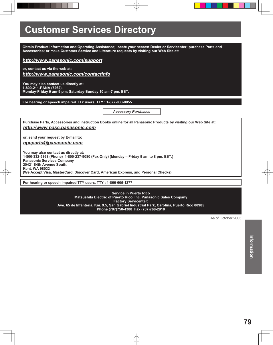 Customer services directory | Panasonic TC 22LR30 User Manual | Page 79 / 92