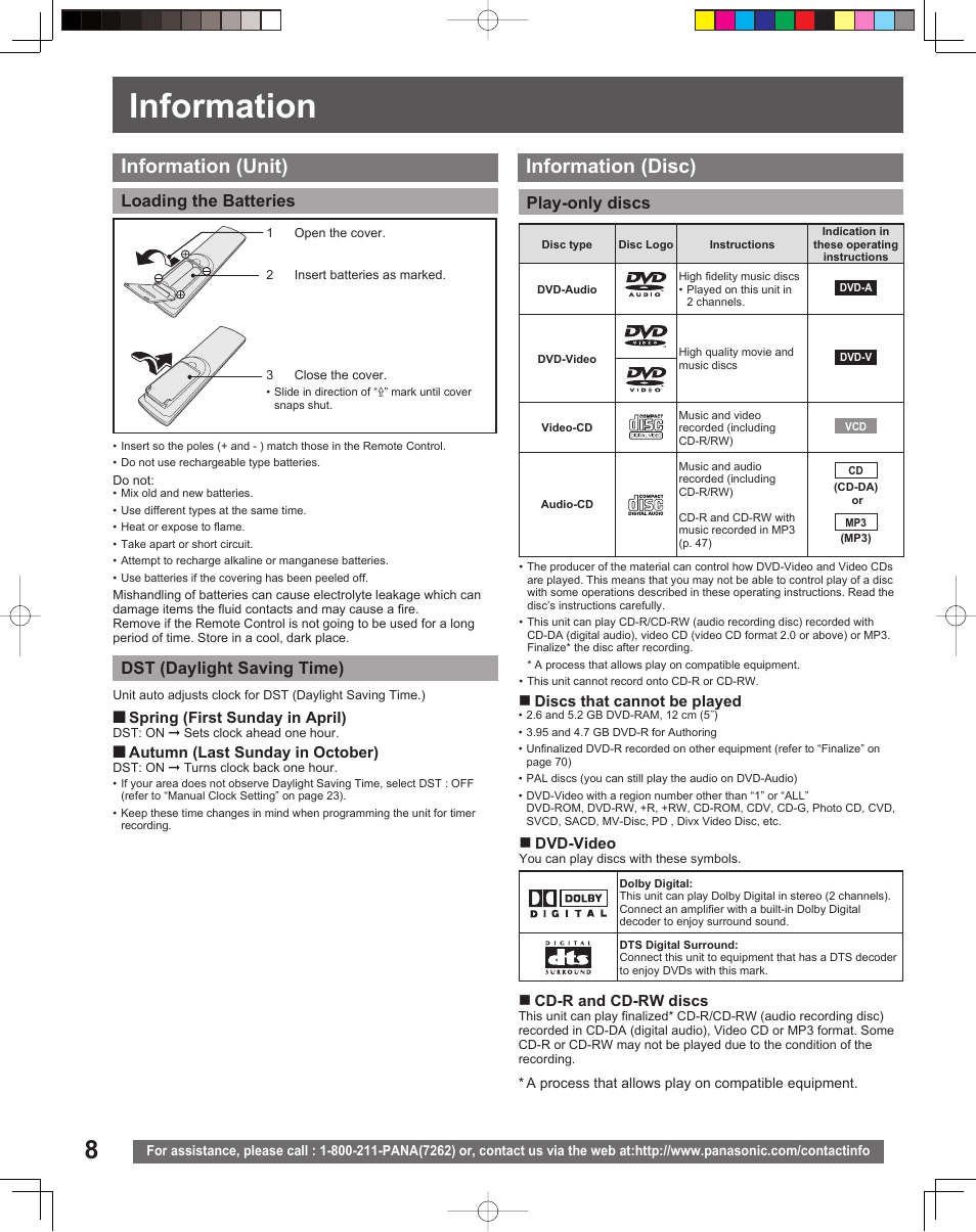 Information, Information (unit) information (disc), Loading the batteries play-only discs | Dst (daylight saving time) | Panasonic TC 22LR30 User Manual | Page 8 / 92