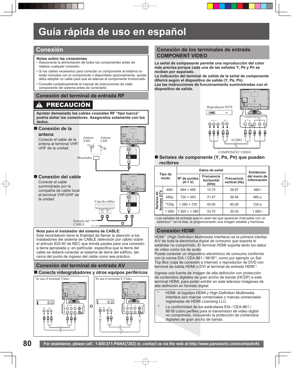 Guia rapida de uso en espanol, Guía rápida de uso en español, Precaución | Conexión, Conexión del terminal de entrada rf, Conexión del terminal de entrada av, Conexión del cable, Conexión de la antena, Señales de componente (y, p, Que pueden recibirse | Panasonic TC 22LR30 User Manual | Page 80 / 92