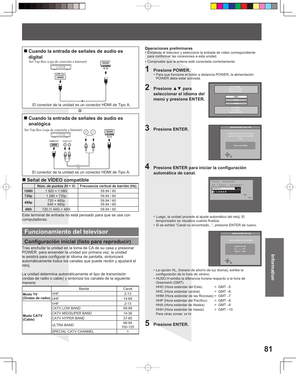 Funcionamiento del televisor, Configuración inicial (listo para reproducir), Information | Panasonic TC 22LR30 User Manual | Page 81 / 92