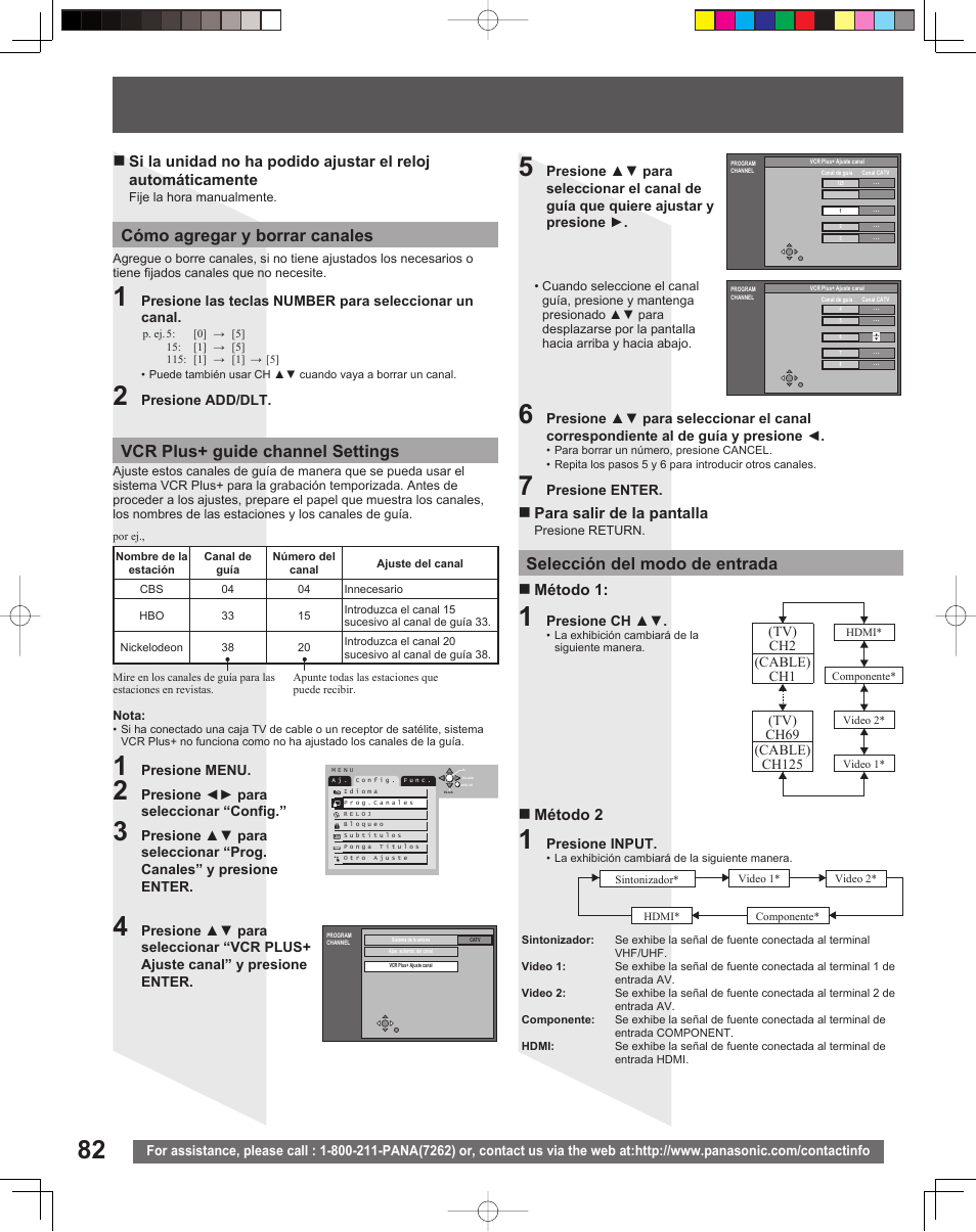 Cómo agregar y borrar canales, Vcr plus+ guide channel settings, Selección del modo de entrada | Para salir de la pantalla, Método 1, Método 2 | Panasonic TC 22LR30 User Manual | Page 82 / 92