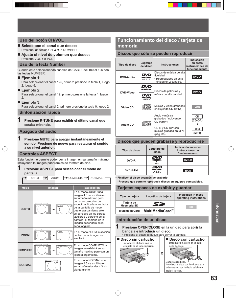 Controles aspect, Uso del botón ch/vol, Sintonización rápida uso de la tecla number | Discos que pueden grabarse y reproducirse, Tarjetas capaces de exhibir y guardar, Introducción de un disco | Panasonic TC 22LR30 User Manual | Page 83 / 92