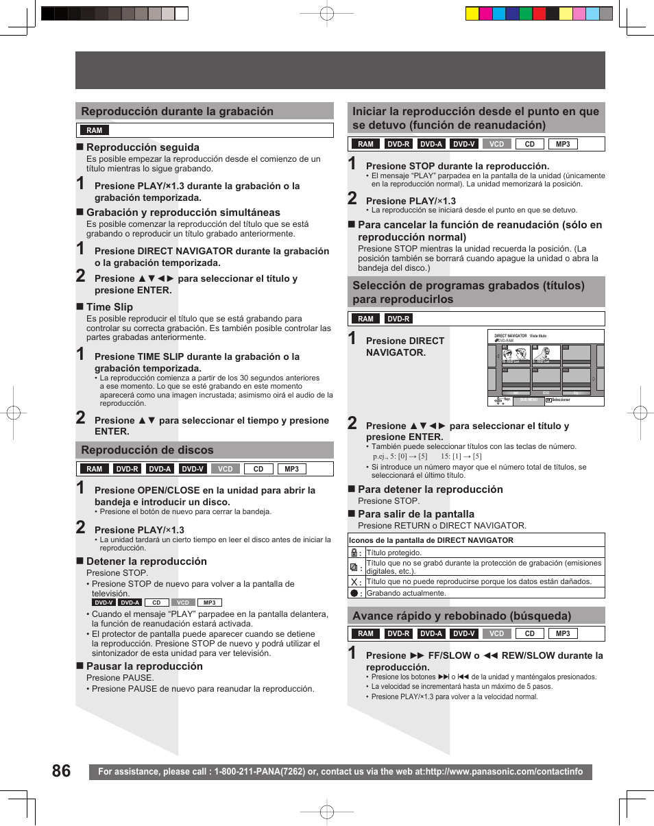 Reproducción durante la grabación, Reproducción de discos, Avance rápido y rebobinado (búsqueda) | Panasonic TC 22LR30 User Manual | Page 86 / 92