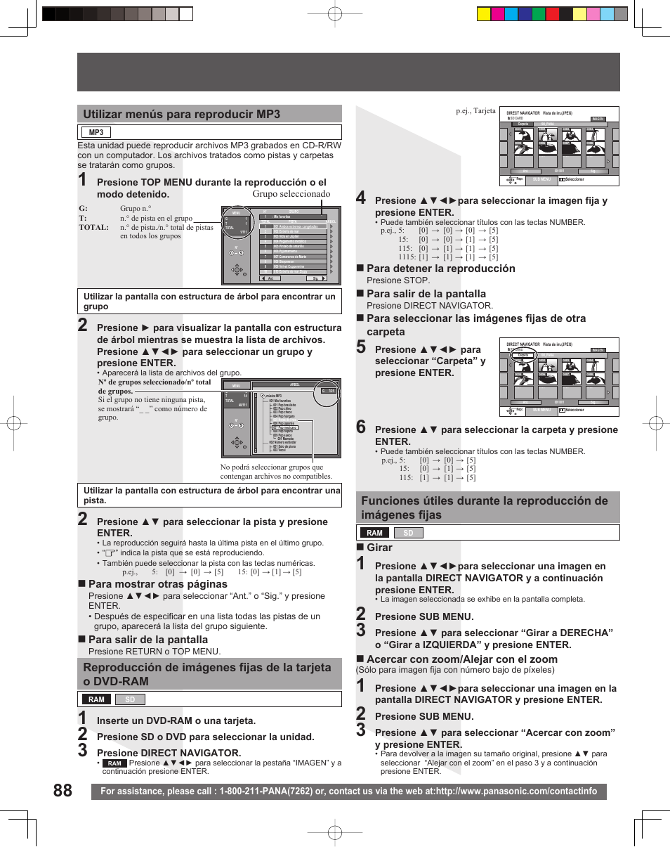 Utilizar menús para reproducir mp3, Para mostrar otras páginas, Para salir de la pantalla | Para detener la reproducción, Girar acercar con zoom/alejar con el zoom | Panasonic TC 22LR30 User Manual | Page 88 / 92