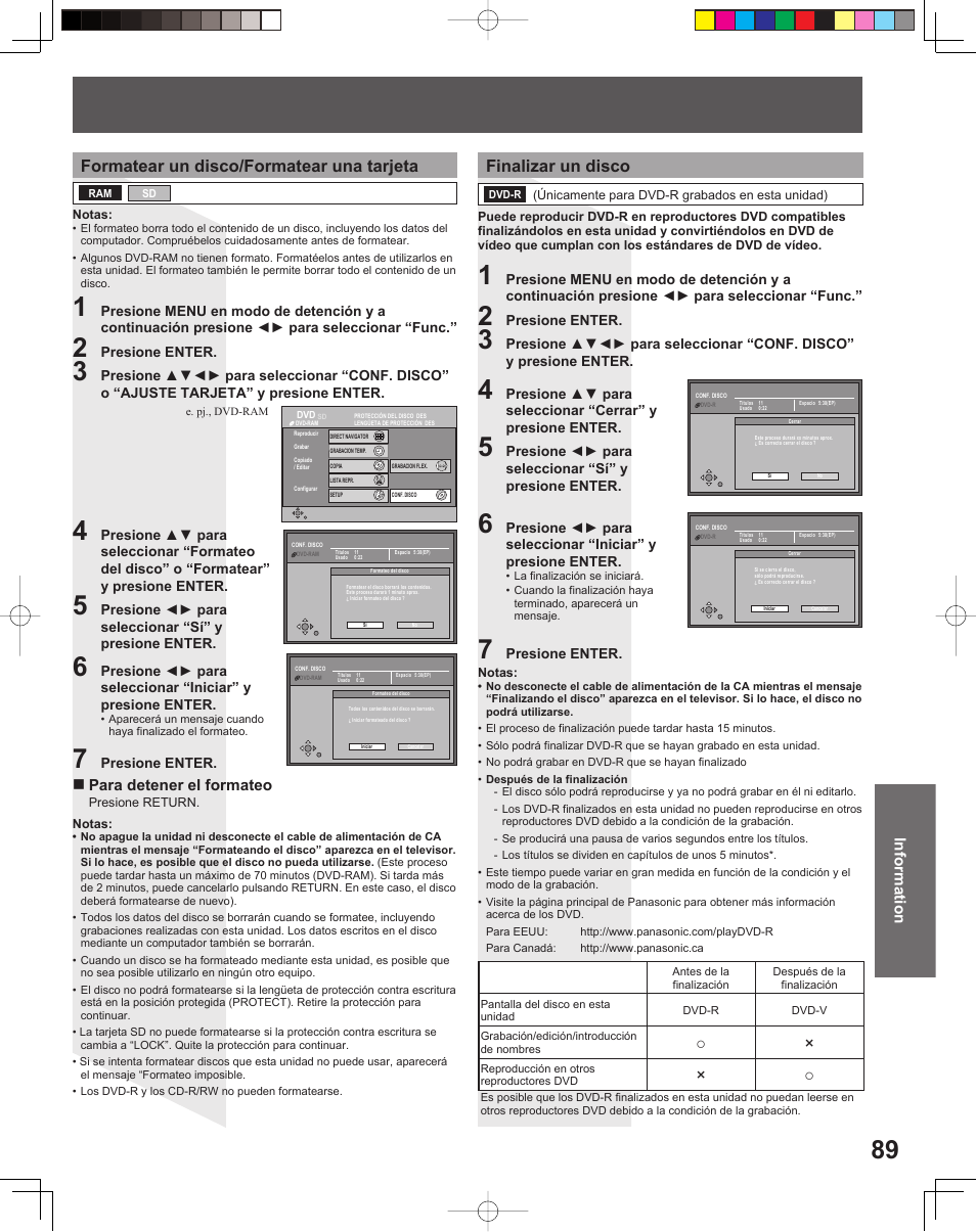 Formatear un disco/formatear una tarjeta, Finalizar un disco, Information | Para detener el formateo | Panasonic TC 22LR30 User Manual | Page 89 / 92