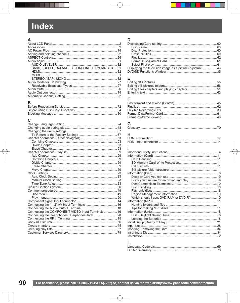 Index | Panasonic TC 22LR30 User Manual | Page 90 / 92