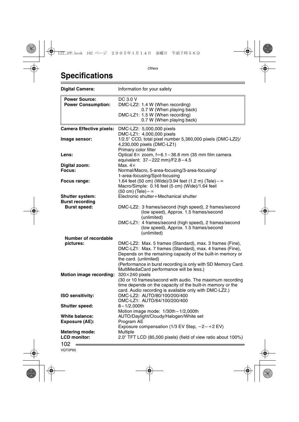 Specifications | Panasonic DMC-LZ1PP User Manual | Page 102 / 116