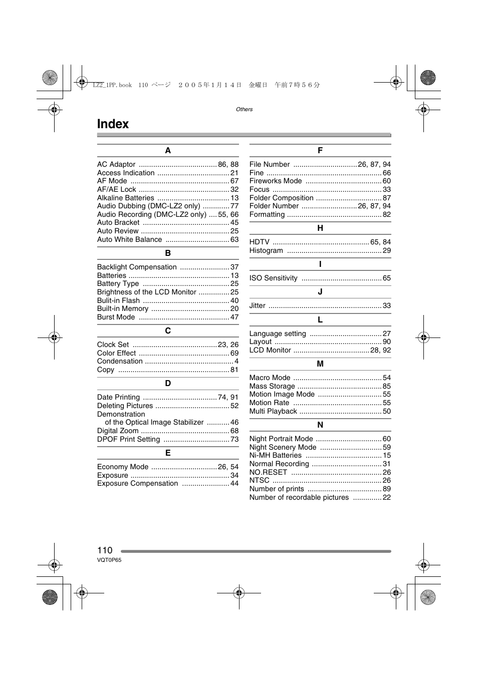 Index | Panasonic DMC-LZ1PP User Manual | Page 110 / 116