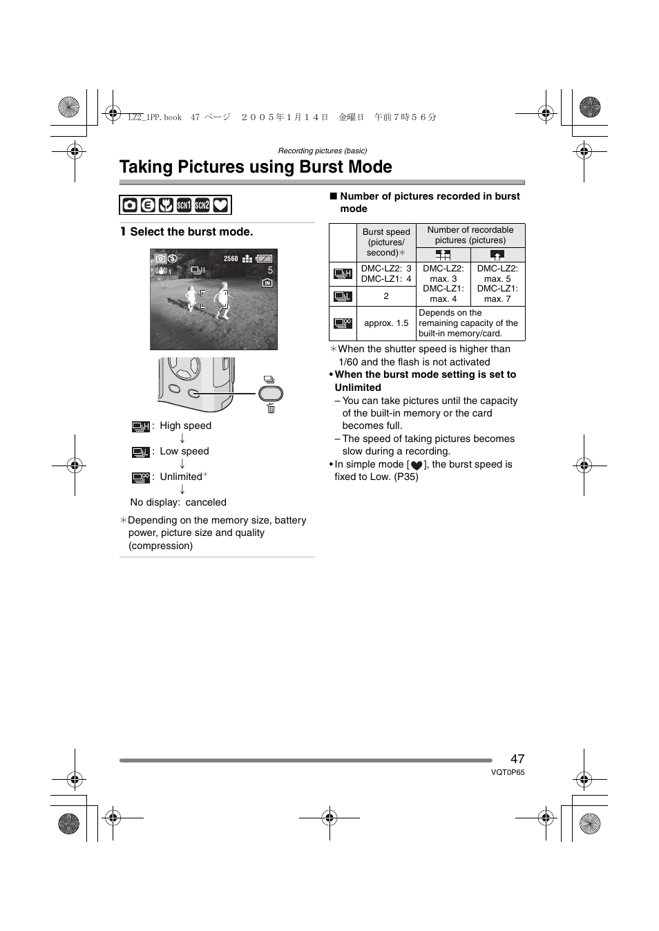 Taking pictures using burst mode | Panasonic DMC-LZ1PP User Manual | Page 47 / 116