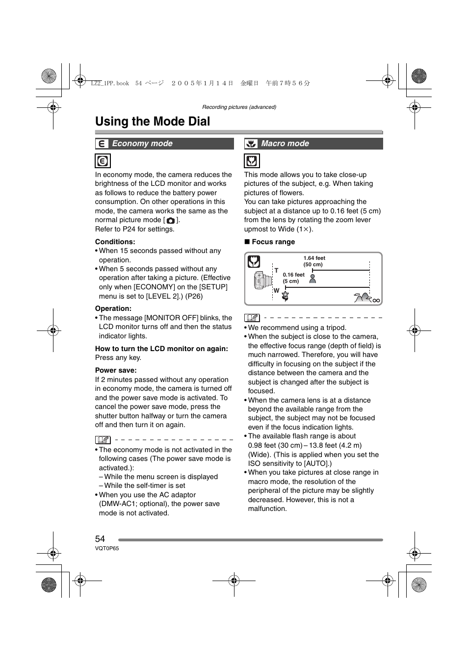 Recording pictures (advanced), Using the mode dial, Economy mode | Macro mode | Panasonic DMC-LZ1PP User Manual | Page 54 / 116