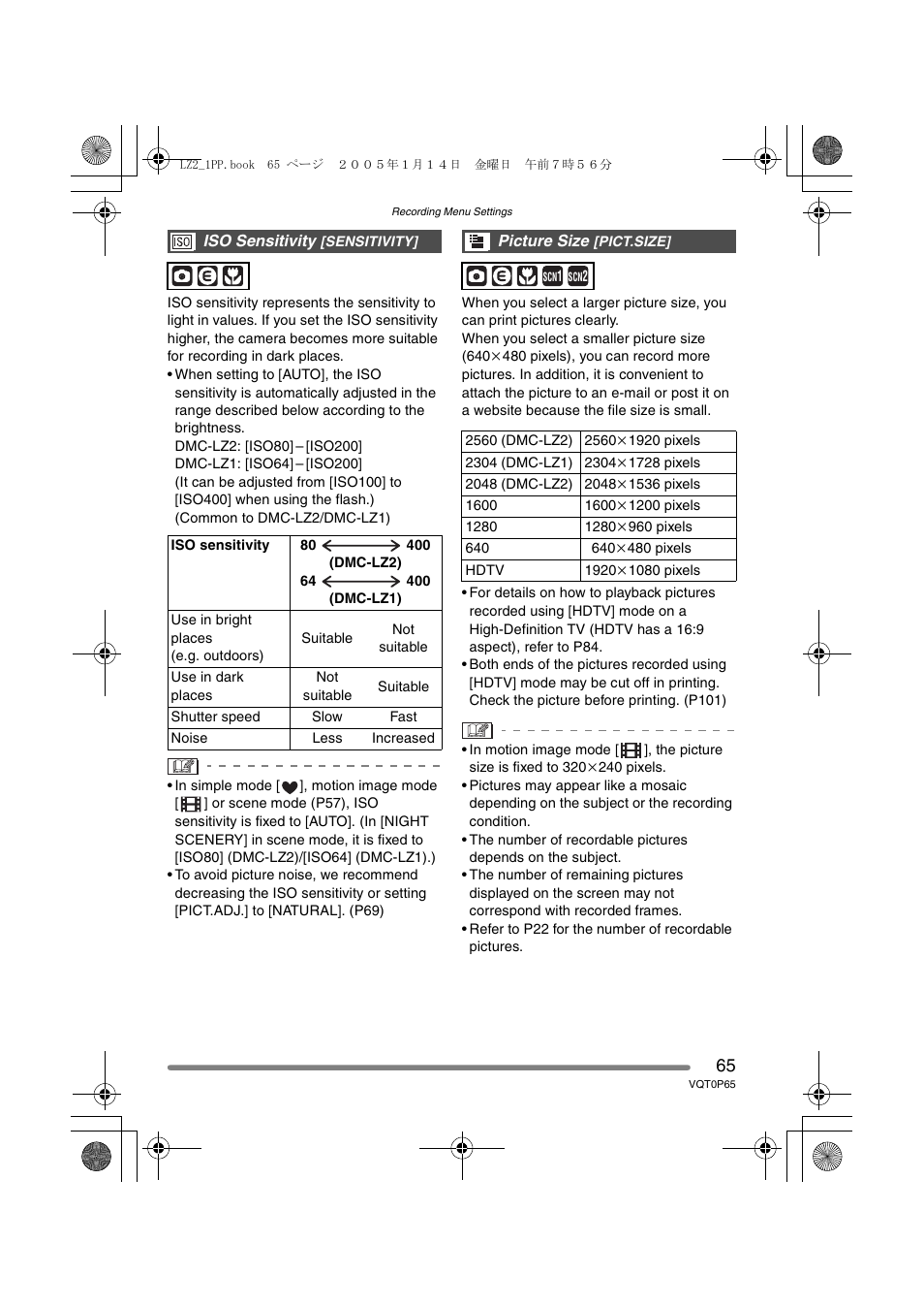 Iso sensitivity [sensitivity, Picture size [pict. size | Panasonic DMC-LZ1PP User Manual | Page 65 / 116