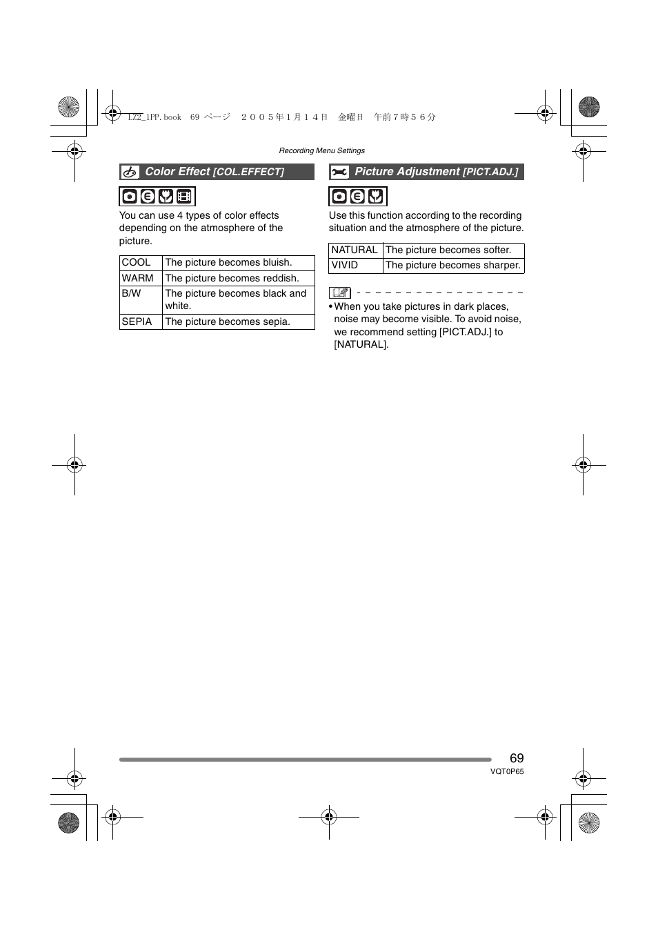 Color effect [col. effect, Picture adjustment [pict. adj | Panasonic DMC-LZ1PP User Manual | Page 69 / 116