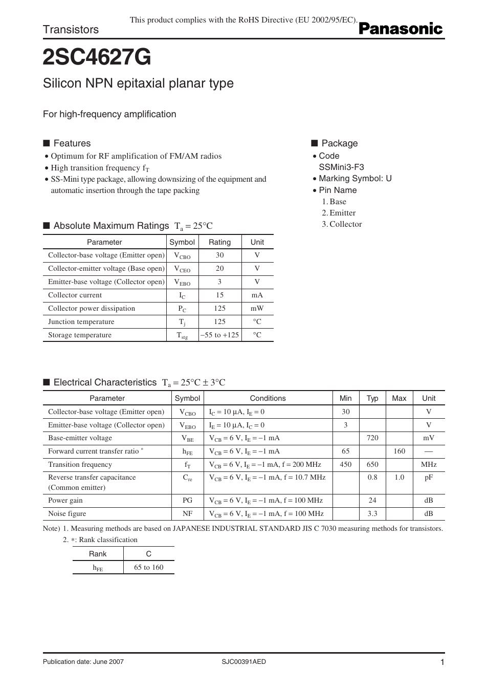 Panasonic 2SC4627G User Manual | 4 pages