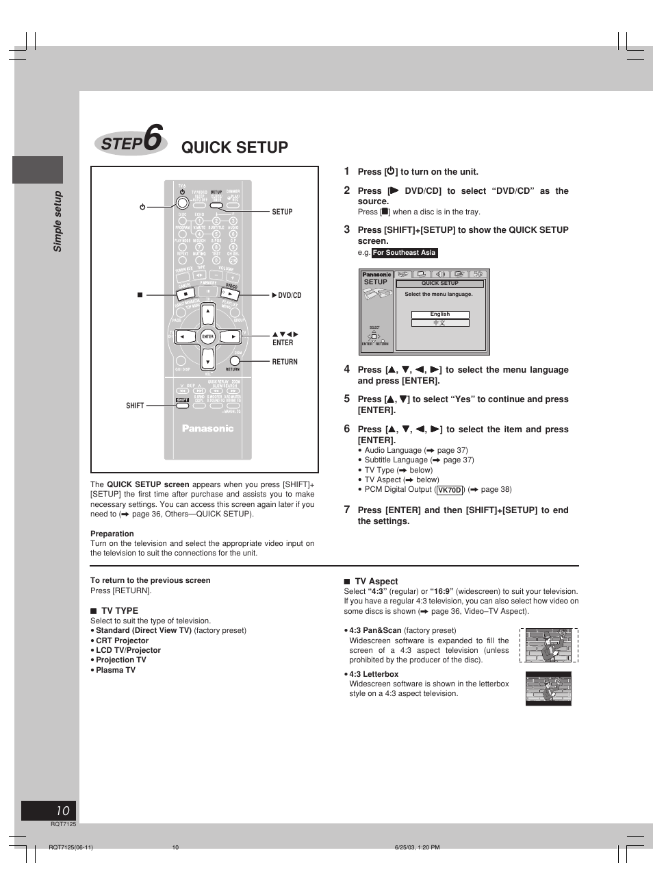 Step, Quick setup, Simple setup | Panasonic SC-VK90D User Manual | Page 10 / 44