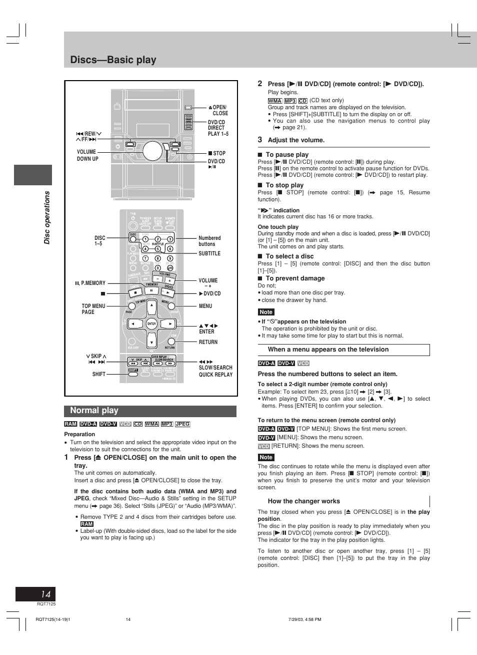 Discs—basic play, Normal play, Disc operations | Panasonic SC-VK90D User Manual | Page 14 / 44