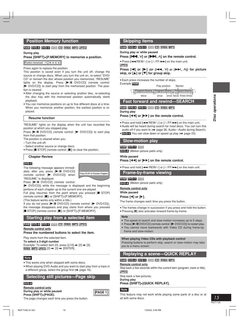 Starting play from a selected item, Selecting still pictures—page skip, Skipping items | Fast forward and rewind—search, Slow-motion play, Frame-by-frame viewing, Replaying a scene—quick replay | Panasonic SC-VK90D User Manual | Page 15 / 44