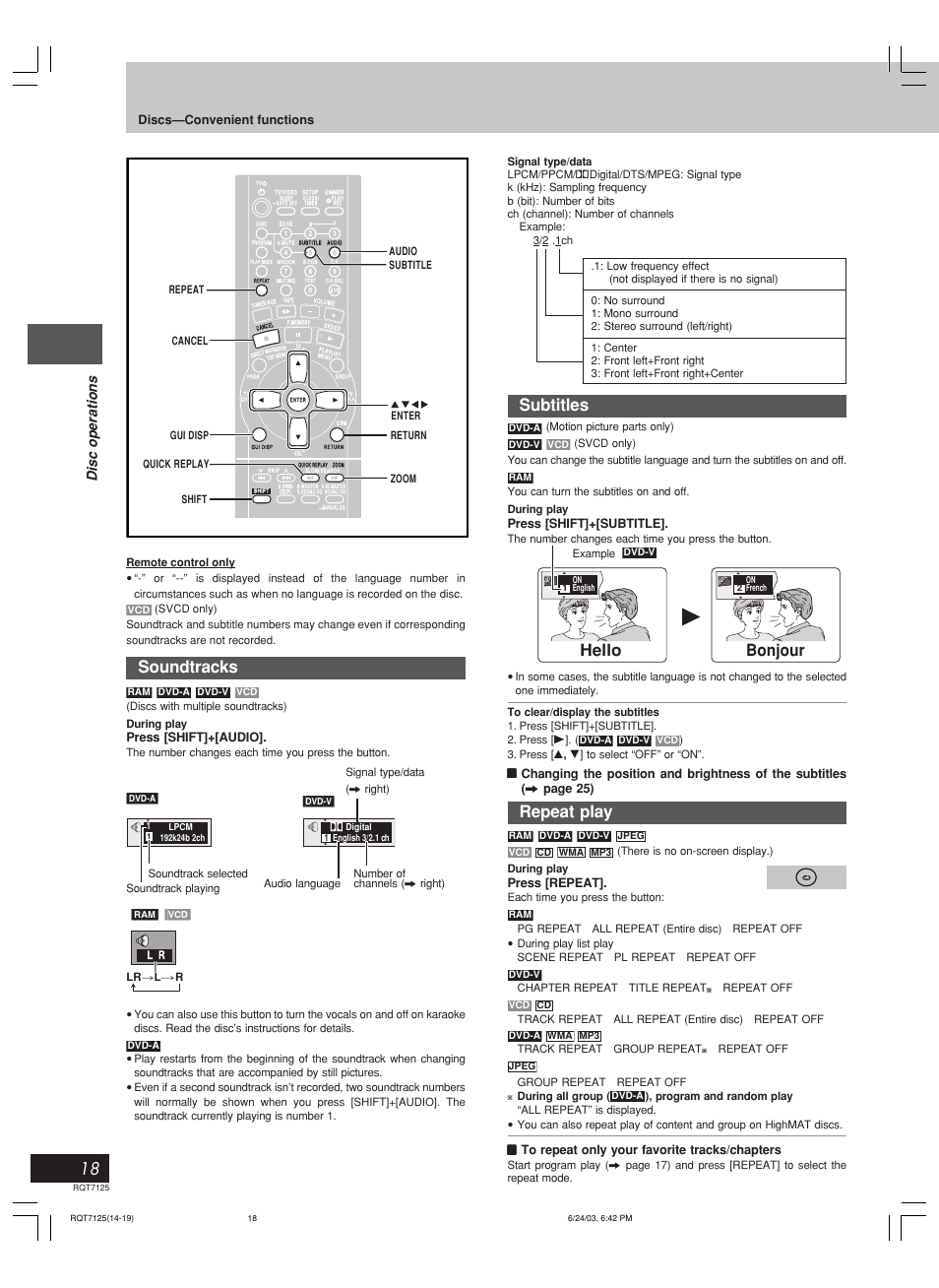 Subtitles, Repeat play, Soundtracks | Hello, Bonjour, Disc operations | Panasonic SC-VK90D User Manual | Page 18 / 44