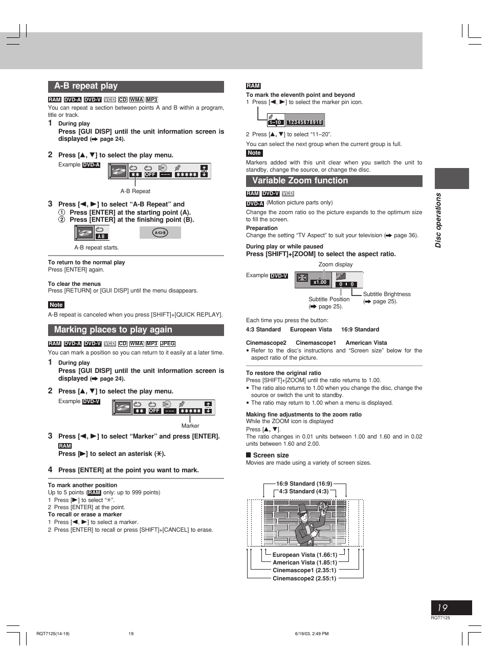 A-b repeat play, Marking places to play again, Variable zoom function | Panasonic SC-VK90D User Manual | Page 19 / 44