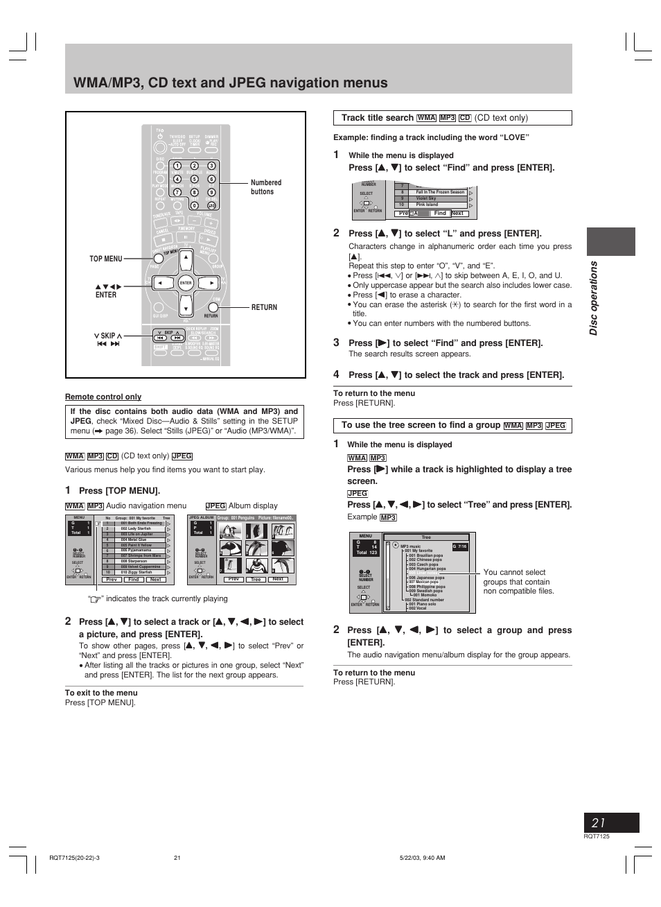 Wma/mp3, cd text and jpeg navigation menus, Disc operations, Track title search | Cd text only), Press [top menu | Panasonic SC-VK90D User Manual | Page 21 / 44