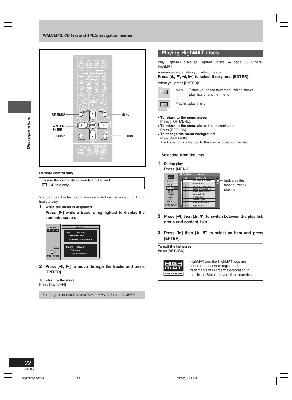 22 playing highmat discs, Disc operations, Selecting from the lists | Press [menu, Wma/mp3, cd text and jpeg navigation menus | Panasonic SC-VK90D User Manual | Page 22 / 44