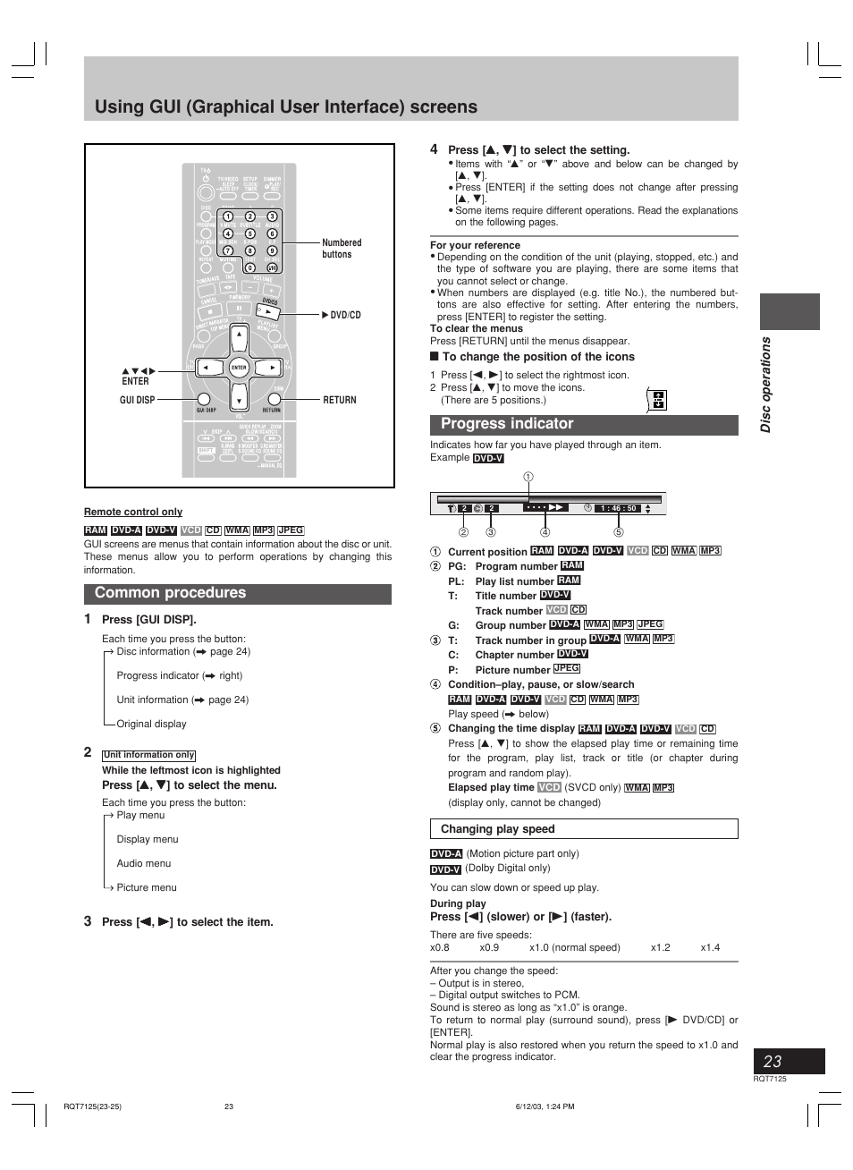 Using gui (graphical user interface) screens, Progress indicator, Common procedures | Disc operations | Panasonic SC-VK90D User Manual | Page 23 / 44