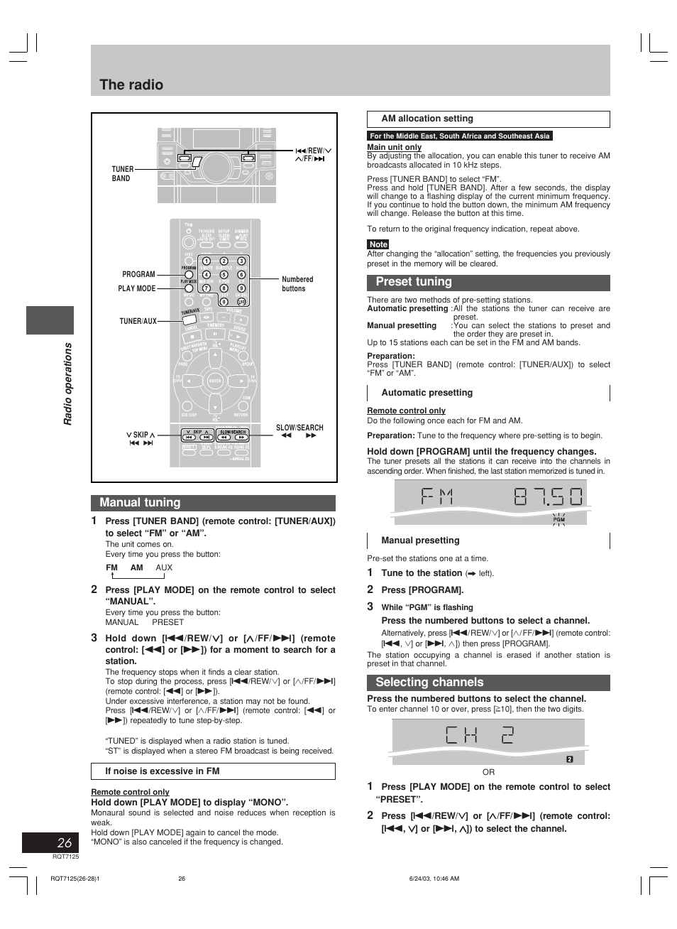 The radio, 26 manual tuning, Preset tuning | Selecting channels, Radio operations, If noise is excessive in fm, Hold down [play mode] to display “mono, Am allocation setting, Automatic presetting, Hold down [program] until the frequency changes | Panasonic SC-VK90D User Manual | Page 26 / 44