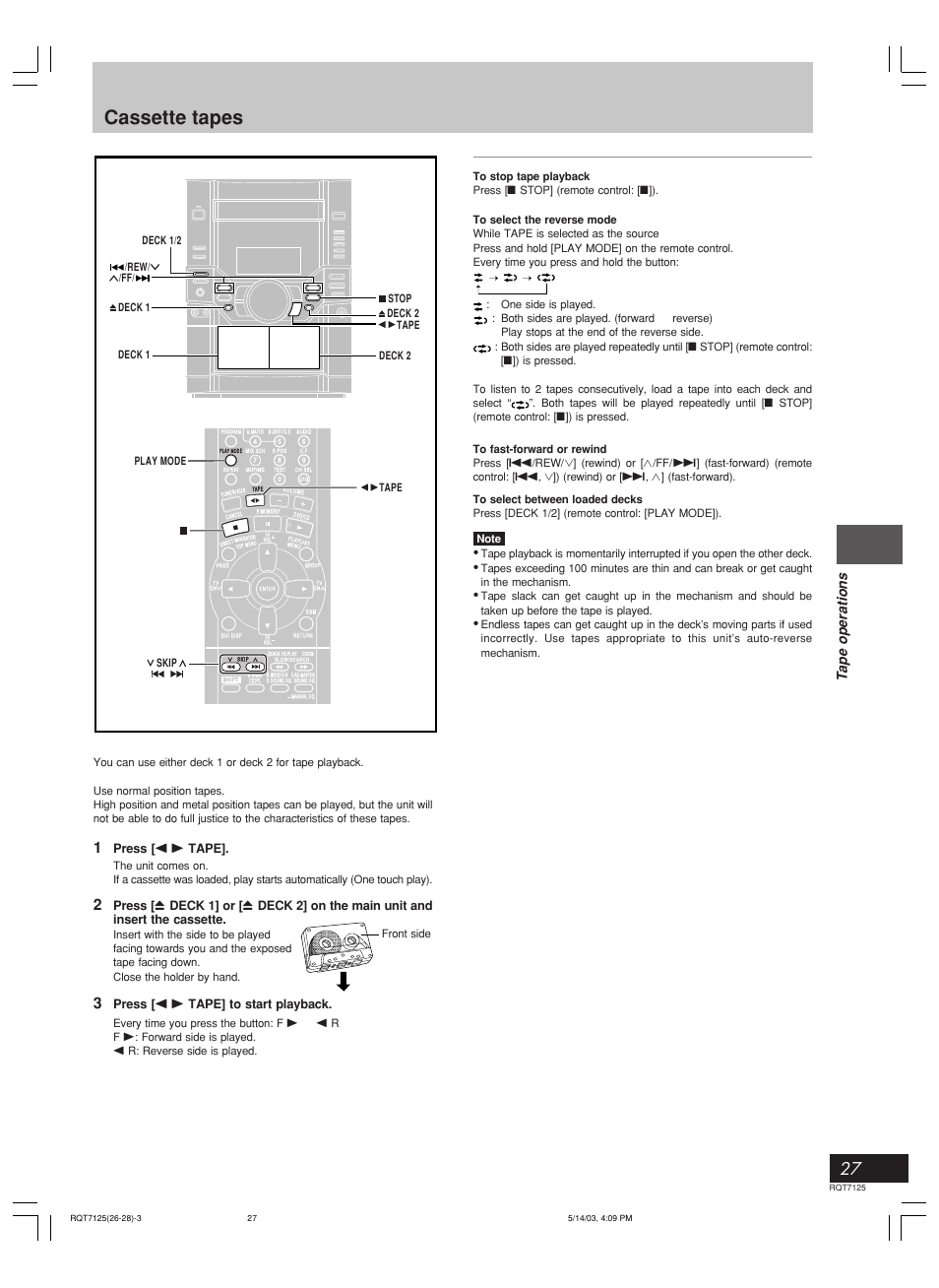 Cassette tapes, Radio operations, Tape operations | Press [ / - tape, Press [ / - tape] to start playback | Panasonic SC-VK90D User Manual | Page 27 / 44