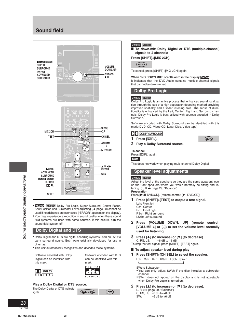 Sound field, Dolby digital and dts, Dolby pro logic | Speaker level adjustments, Radio operations, Sound field/sound quality operations, Play a dolby digital or dts source, Press [ p pl, Play a dolby surround source, Press [shift]+[test] to output a test signal | Panasonic SC-VK90D User Manual | Page 28 / 44