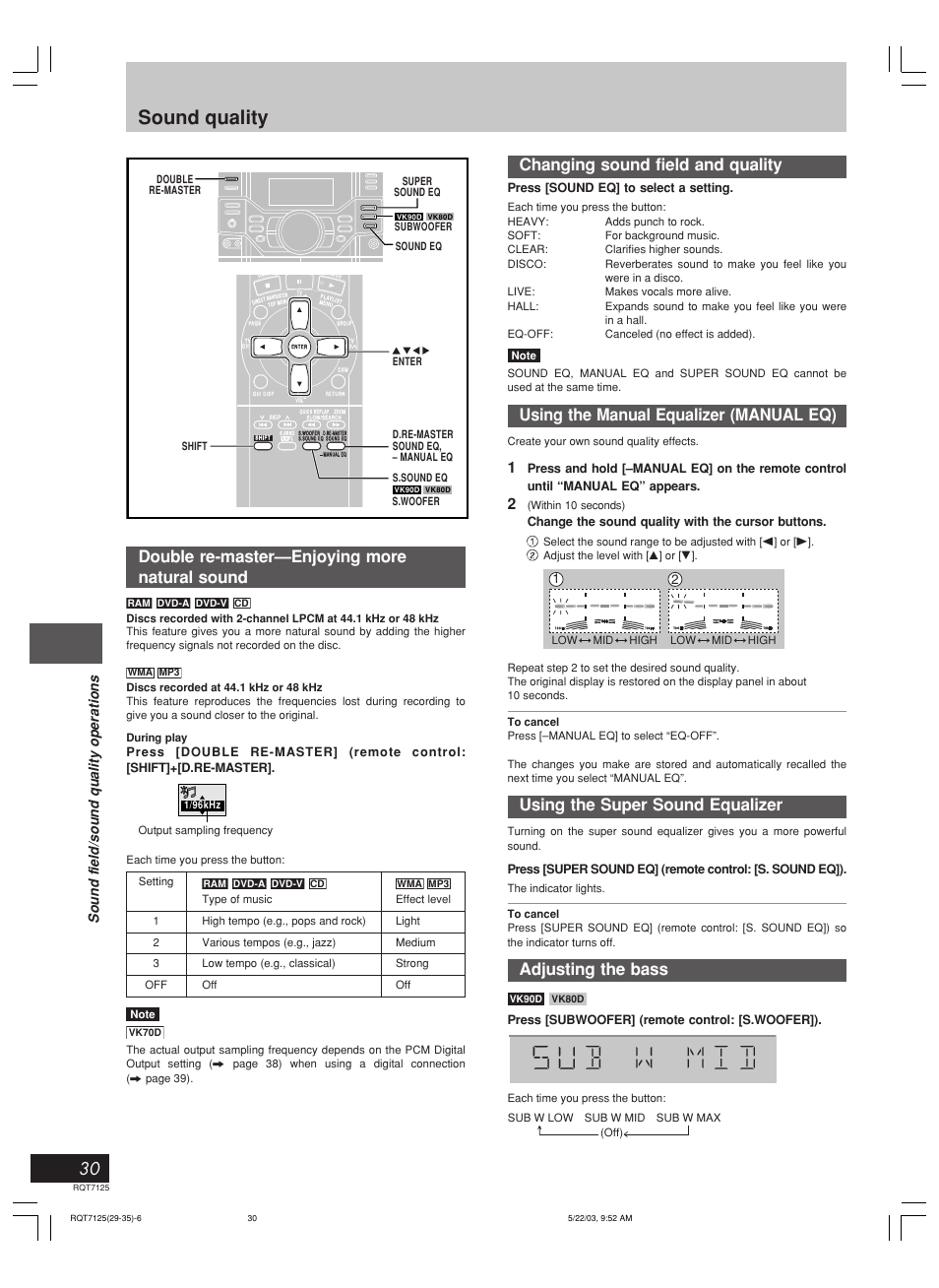 Sound quality, Double re-master—enjoying more natural sound, Changing sound field and quality | Using the manual equalizer (manual eq), Using the super sound equalizer, Adjusting the bass, Sound field/sound quality operations | Panasonic SC-VK90D User Manual | Page 30 / 44