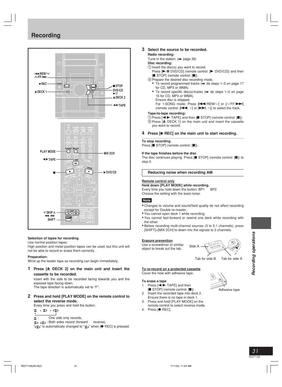 Recording, Sound field/sound quality operations, Recording operations | Select the source to be recorded, Press, Rec] on the main unit to start recording, Reducing noise when recording am | Panasonic SC-VK90D User Manual | Page 31 / 44