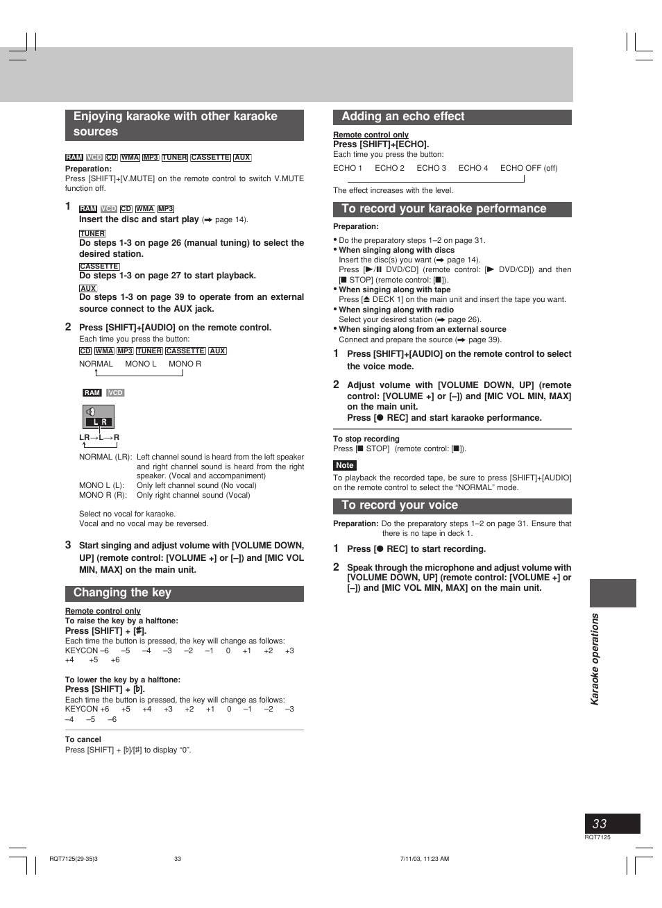 Enjoying karaoke with other karaoke sources, Changing the key, Adding an echo effect | Panasonic SC-VK90D User Manual | Page 33 / 44