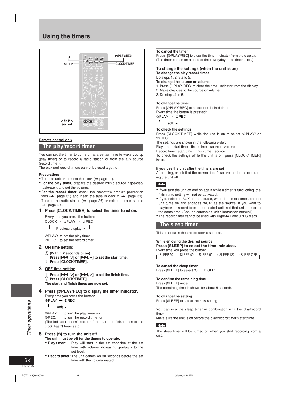 Using the timers, The sleep timer, The play/record timer | Press [sleep] to select the time (minutes), Press [clock/timer] to select the timer function, On time setting, Off time setting | Panasonic SC-VK90D User Manual | Page 34 / 44